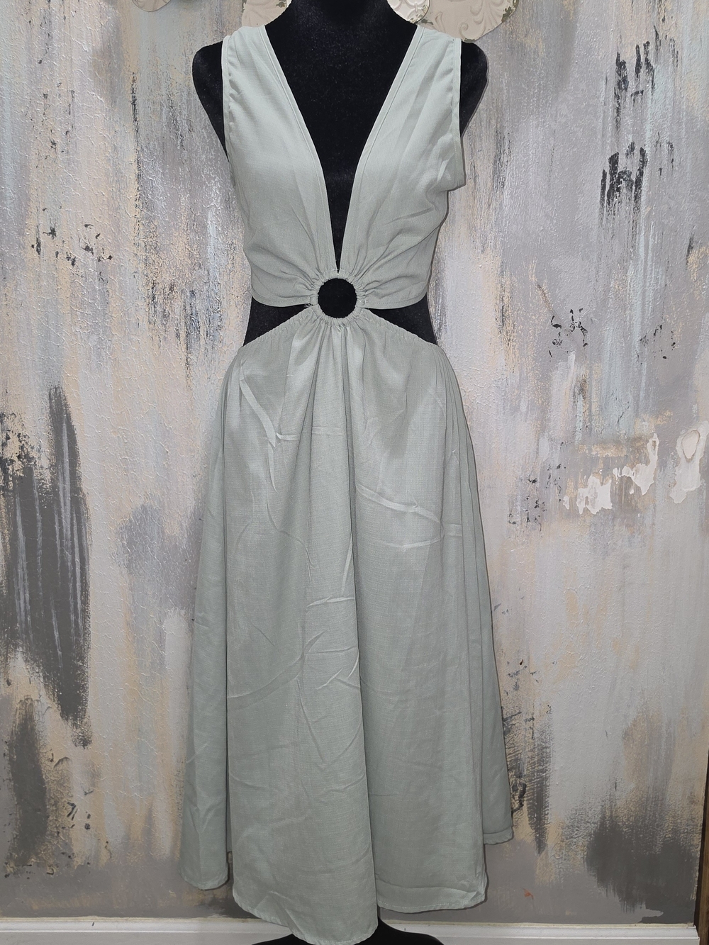 SHEIN Sage Green Maxi Dress Low Cut with Ring And Side Cutouts Size 6
